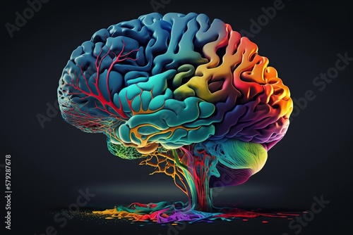Colorful human brain model, isolated on black background. Generative AI illustration.