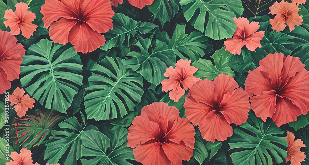 Decorative background with exotic tropical leaves and flowers. Generative AI