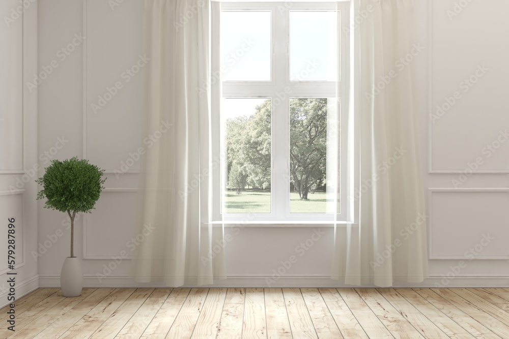 White empty room with summer landscape in window. Scandinavian interior design. 3D illustration White empty room with summer landscape in window. Scandinavian interior design. 3D illustration