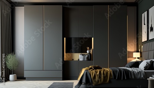 Fitted modern wardrobe around bed to have a place to store the fancy clothes, interior photo