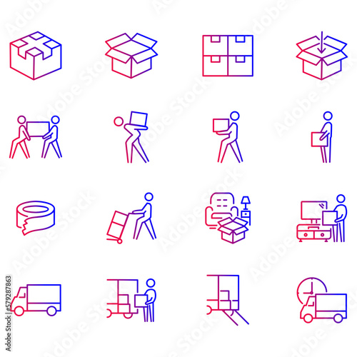 Set of mobile services related vector icons. Vector illustration of cargo vehicle, box and more with editable gradient color outline.