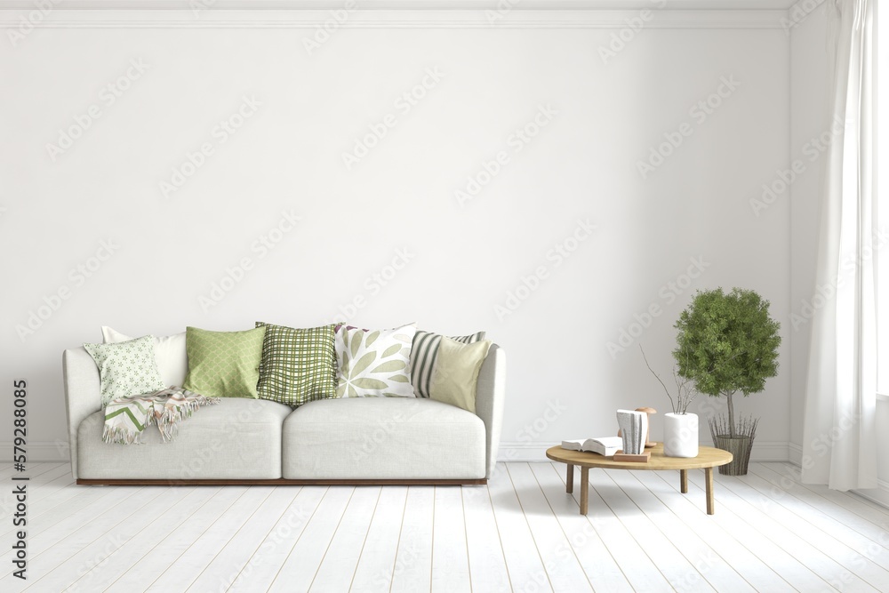 Fototapeta premium White modern interior design with sofa. Scandinavian interior design. 3D illustration