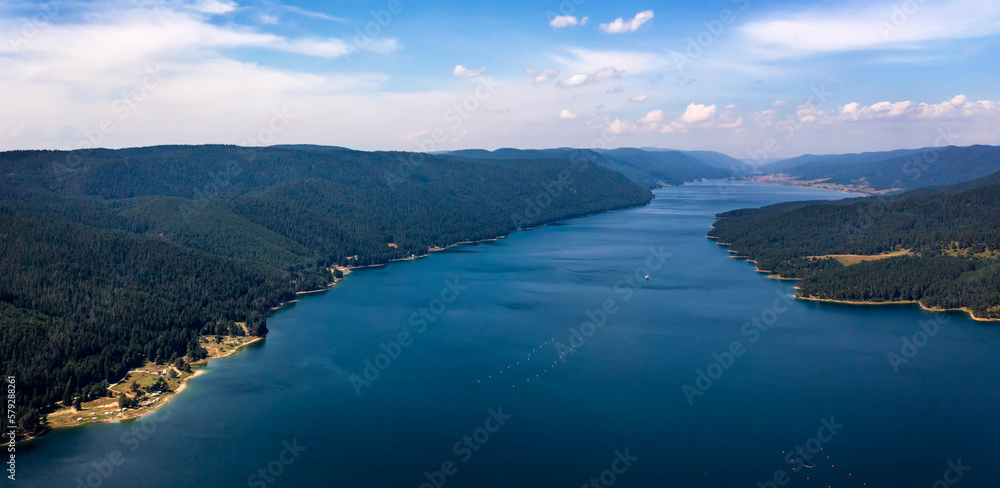 Stunning aerial panorama view of the lake coastline, Dospat, Bulgaria
