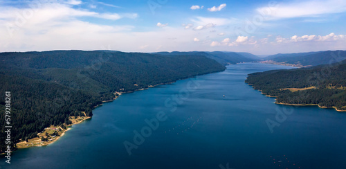 Stunning aerial panorama view of the lake coastline, Dospat, Bulgaria © EdVal