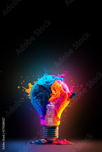 a colorful glowing idea bulb lamp with copy space, visualization of brainstorming, bright idea and creative thinking, generative ai