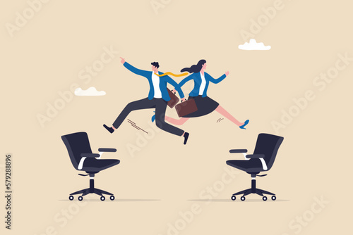 Job rotation or employee switch position for new skill and experience, moving to new responsibility within organization concept, businessman and woman jump on office chair metaphor of job rotation.
