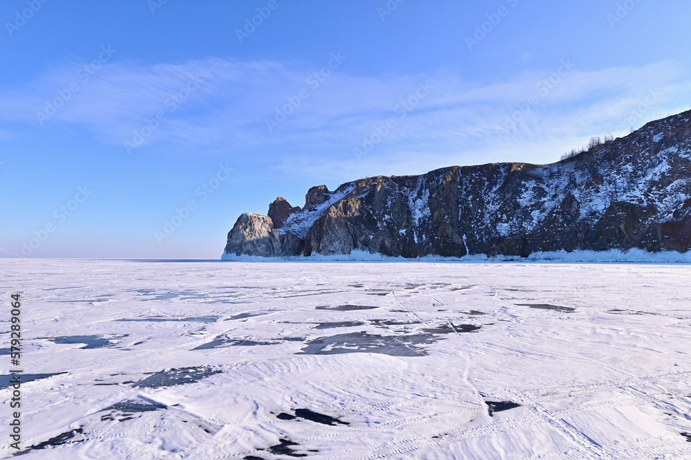 Scenery of Three Brothers Rock at Lake Baikal in Winter