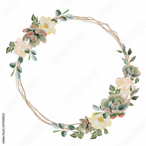 watercolor succulent pland and flower bouquet wreath frame isolated on white background