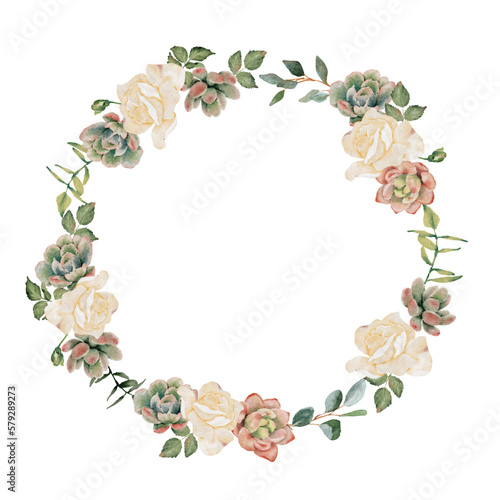 watercolor succulent pland and flower bouquet wreath frame isolated on white background