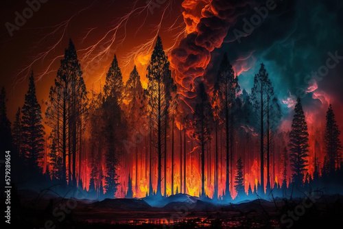 Canvastavla Forrest fire. Burning trees