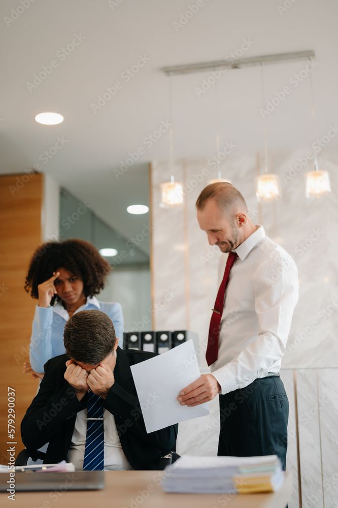 Team thinking of problem solution at office meeting, sad diverse business people group shocked by bad news, upset colleagues in panic after company bankruptcy concept Team thinking of problem solution at office meeting, sad diverse business people group shocked by bad news, upset colleagues in panic after company bankruptcy concept