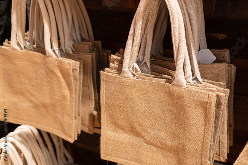 Fabric bag made from hessian sack. Shopping bag made out of recycled.
