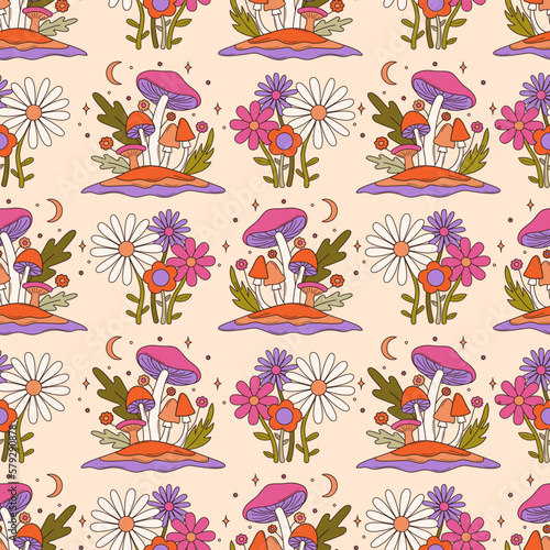 Colorful groovy seamless pattern with mushrooms and flowers. 70s and 60s style vintage hippie background. Psychedelic seventies floral texture. Vector graphic design