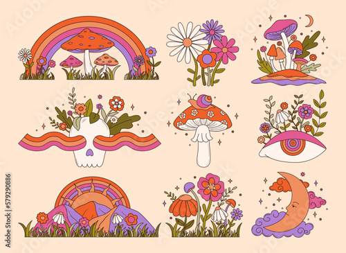 Set of colorful groovy elements in 70s and 60s style. Vintage hippie flowers, mushrooms, rainbow, sun, moon, eye. Psychedelic seventies stickers. Vector graphic design.