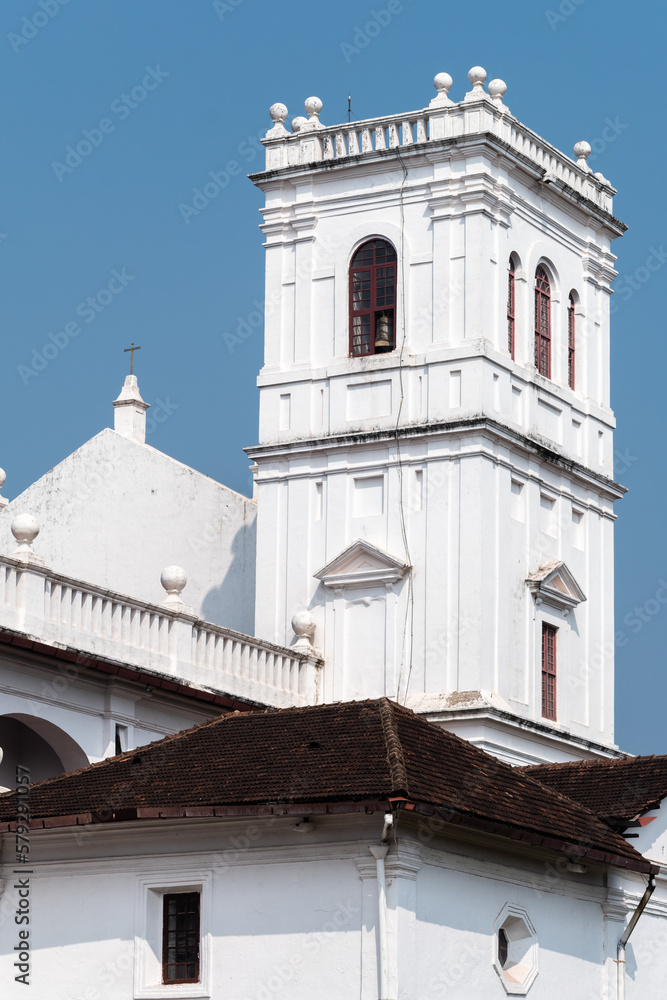 Exterior facade of the ancient Portuguese era Se Cathedral in the UNESCO heritage site of Old Goa.