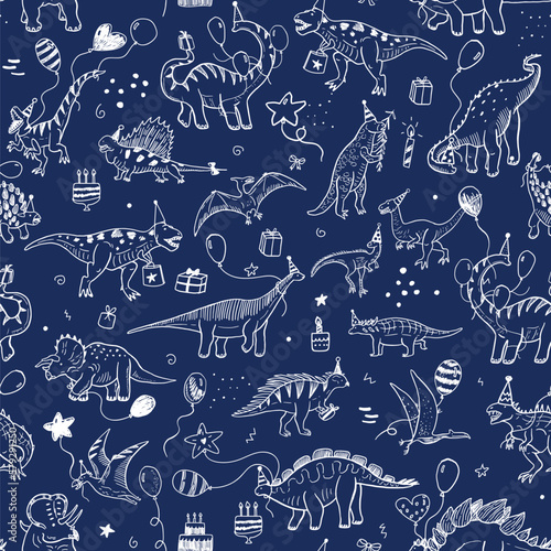 Dinosaur birthday vector line seamless pattern.
