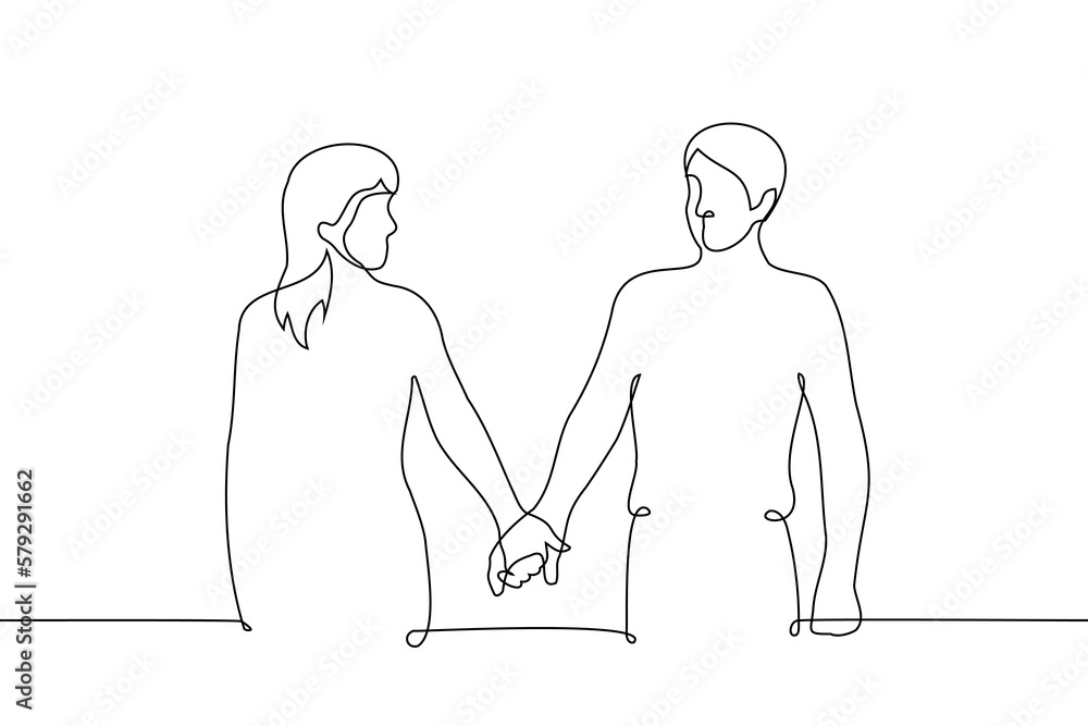 woman holding man's hand - one line drawing. concept dominant woman, woman leads, relationship