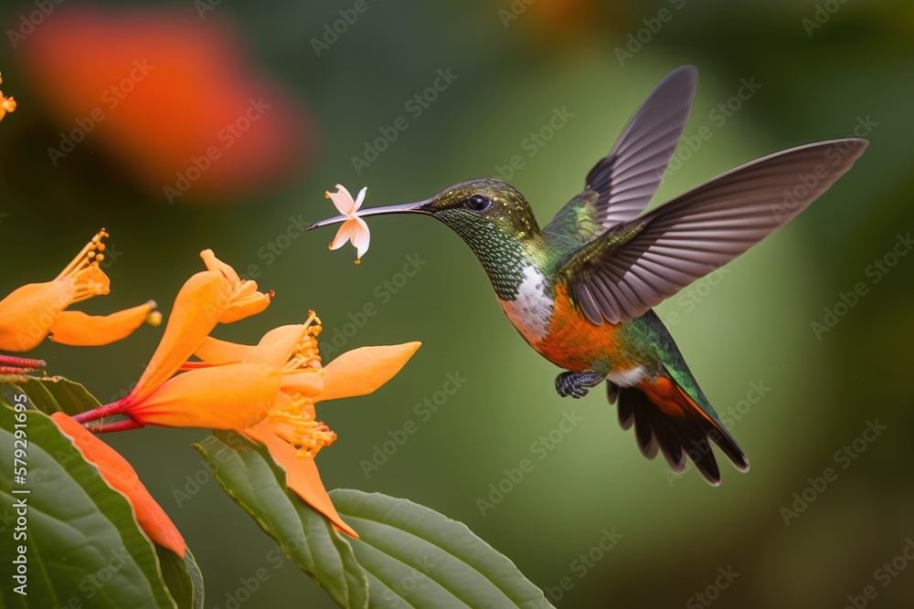 Fototapeta premium Costa Rica's unique fauna. Eugenes spectabilis, a Talamanca hummingbird, flies by a stunning orange blossom in the Savegre Mountains of Costa Rica, with a green jungle in the background. Free flying b