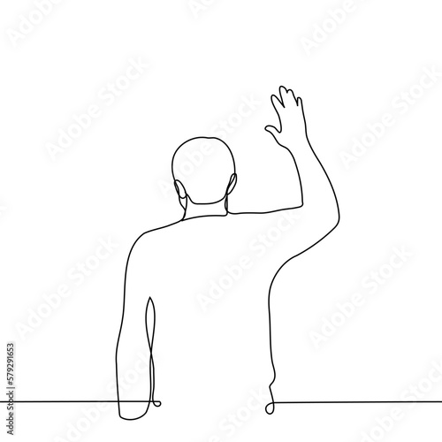 man stands with his back to the viewer raising his hand - one line drawing. concept forgive, leave, vote