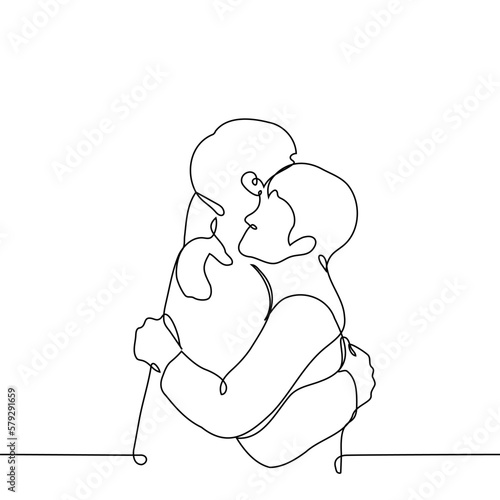 men hugging tightly - one line drawing. concept long-awaited meeting, friends, family, lovers