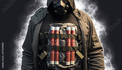 Suicide bomber terrorist in mask with explosives sticks on chest, dangerous criminal going to attack innocent civilians. Suicide bomb terrorist with stack of plastic explosive, generative AI