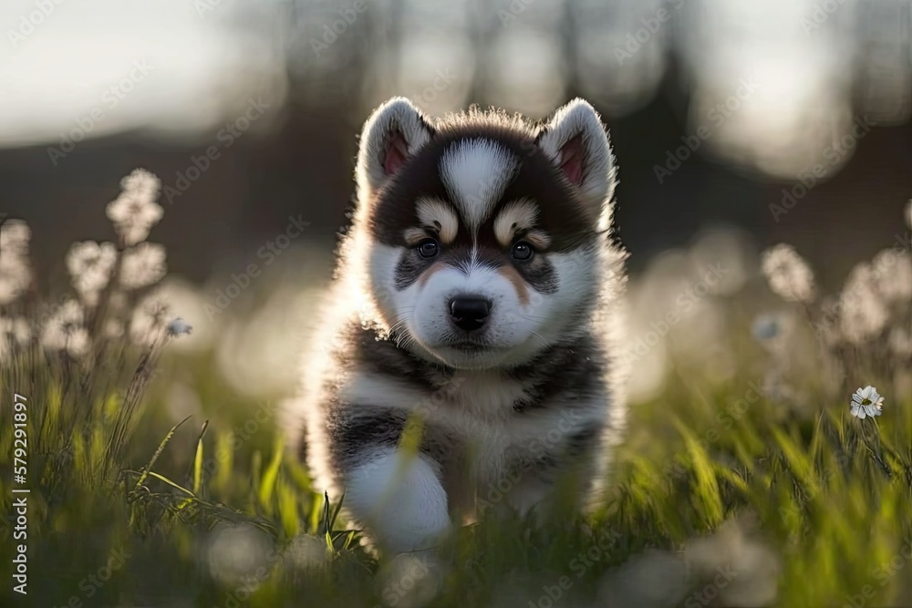 Cute husky puppy from Siberia frolicking on a grassy lawn. Generative AI