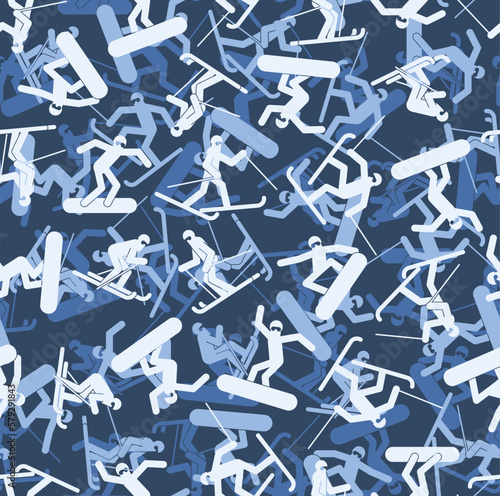 Snowboarder and Skier blue military pattern seamless. snowboarding army background. Skiing soldier texture. protective Vector ornament
