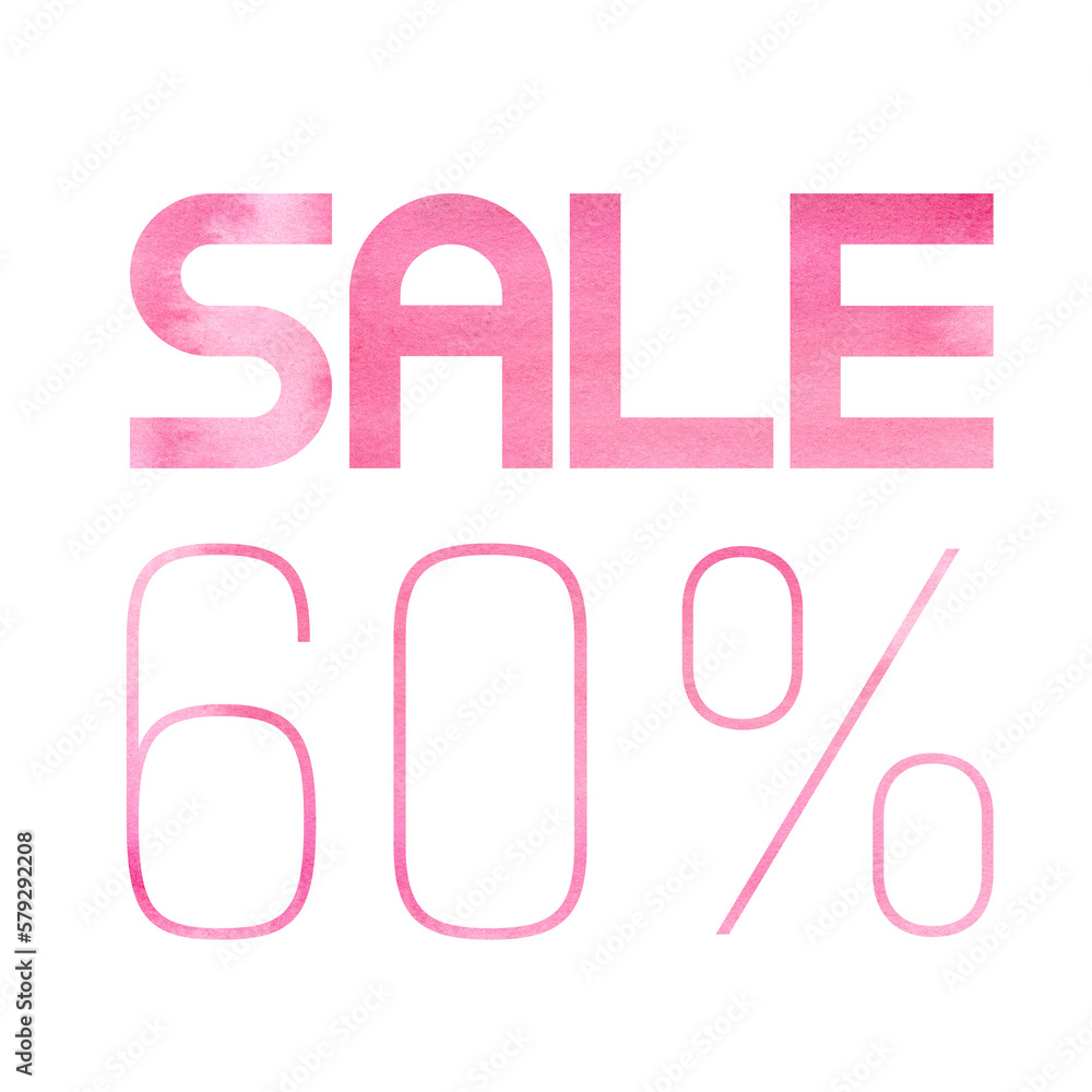 Sixty percent sale. A pink watercolor banner. Viva Magenta color. Sale signboard. Seasonal sale. The perfect watercolor design for a sale shop and advertising banners. Sixty percent sale. A pink watercolor banner. Viva Magenta color. Sale signboard. Seasonal sale. The perfect watercolor design for a sale shop and advertising banners.