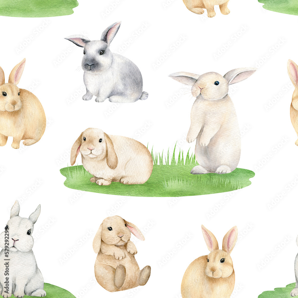 Cute Bunny on glade seamless pattern. Hand drawn watercolor animals illustration for fabric, Rabbits wrapping paper Cute Bunny on glade seamless pattern. Hand drawn watercolor animals illustration for fabric, Rabbits wrapping paper
