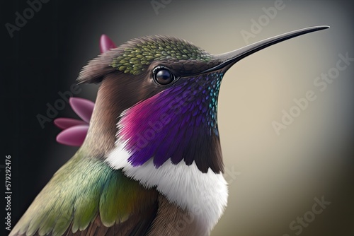 Close up of a Purple throated Woodstar (Calliphlox mitchellii), a South American hummingbird native to Colombia, Ecuador, and Panama. This is one of two species of the genus Philodice. Generative AI photo