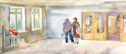Watercolor painting. Big school hall © Marina