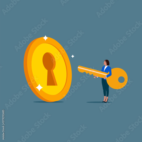 Woman holding golden key to unlock coin keyhole. Open to investment opportunities. Flat vector illustration