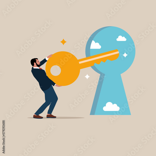 Businessman entering keyhole. Golden key to unlock. Modern vector illustration in flat style