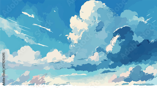 Beautiful blue sky with clouds. Clouded sky. Calm relaxing wallpaper. Cartoon drawing of flat beautiful environment. Sunny day. Blue peaceful wallpaper. Graphic design of cloudscape. Weather art.