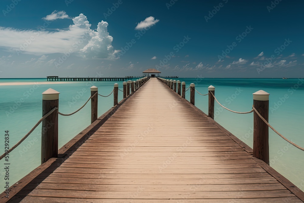Fototapeta premium A pier made of wood leading to a Maldivian island in the Indian Ocean. Weather was perfect, with a clear blue sky. Generative AI