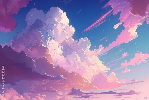 Stunning beautiful pink sky with clouds, anime style illustration, spring bright sky, Generative AI