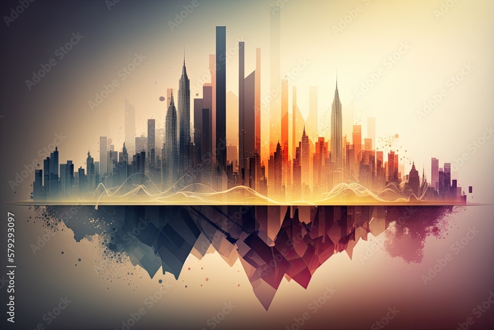 Urban landscape with futuristic effects and abstract city skyline. Construction and improvement of buildings and other real properties. New and exciting engineering and construction ideas. Generative