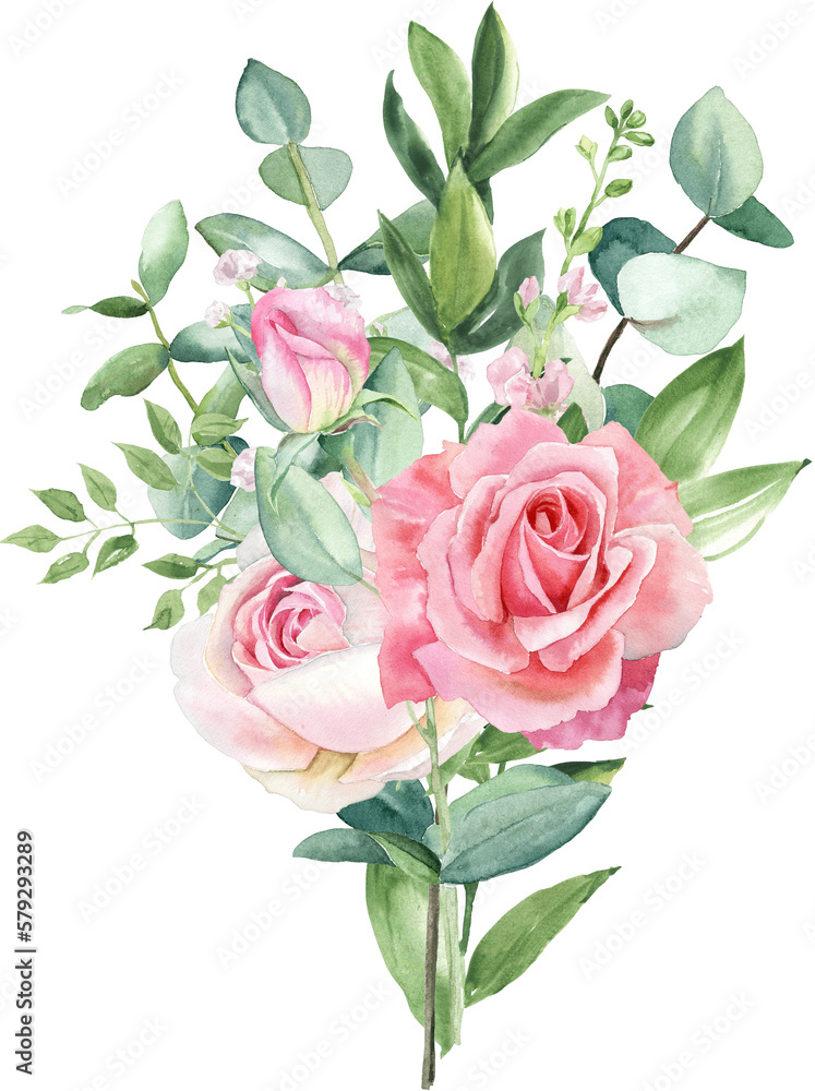 Watercolor separate individual flower illustration. Delicate bouquet with green leaves, pink peach blush flowers, twigs, eucalyptus, rose, peony. For wedding invitations, wallpapers, fashion prints.