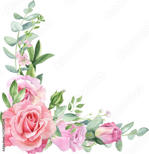 Watercolor separate individual flower illustration. Delicate bouquet with green leaves, pink peach blush flowers, twigs, eucalyptus, rose, peony. For wedding invitations, wallpapers, fashion prints.