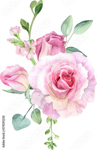 Watercolor separate individual flower illustration. Delicate bouquet with green leaves, pink peach blush flowers, twigs, eucalyptus, rose, peony. For wedding invitations, wallpapers, fashion prints. © ElenaDoroshArt