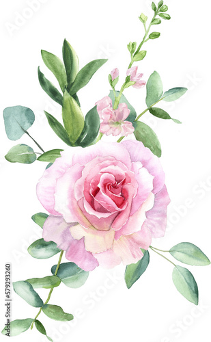 Watercolor separate individual flower illustration. Delicate bouquet with green leaves, pink peach blush flowers, twigs, eucalyptus, rose, peony. For wedding invitations, wallpapers, fashion prints.