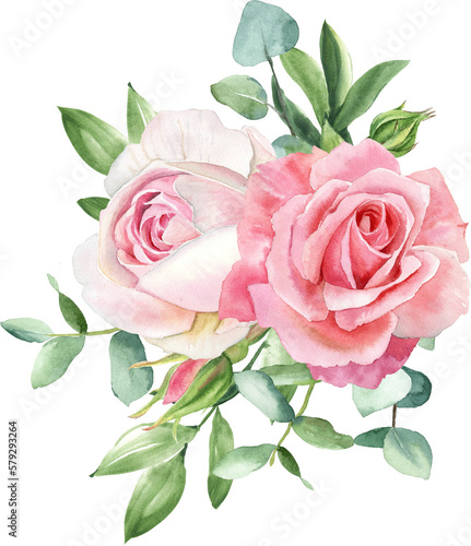 Watercolor separate individual flower illustration. Delicate bouquet with green leaves, pink peach blush flowers, twigs, eucalyptus, rose, peony. For wedding invitations, wallpapers, fashion prints. © ElenaDoroshArt