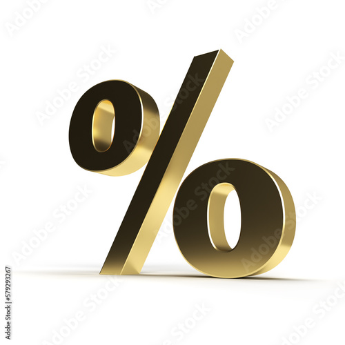 Percentage Sign Symbol Gold Color, 3d render isolated on white background