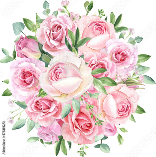 Watercolor separate individual flower illustration. Delicate bouquet with green leaves  pink peach blush flowers  twigs  eucalyptus  rose  peony. For wedding invitations  wallpapers  fashion prints.