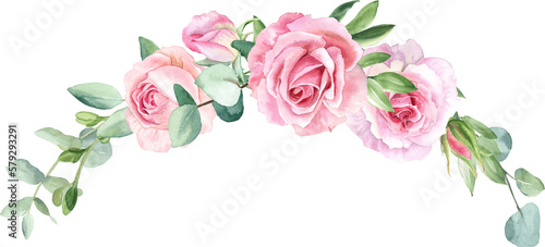 Watercolor separate individual flower illustration. Delicate bouquet with green leaves  pink peach blush flowers  twigs  eucalyptus  rose  peony. For wedding invitations  wallpapers  fashion prints.