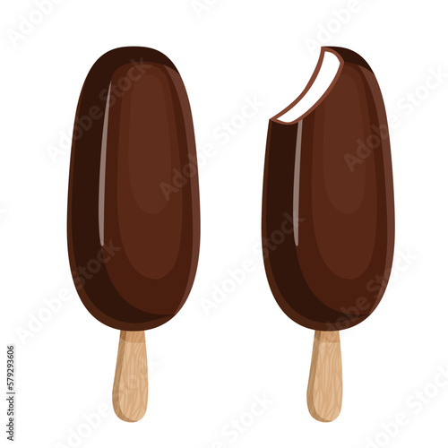 Popsicle ice cream with chocolate icing on a wooden stick. Vector illustration of summer sweets.