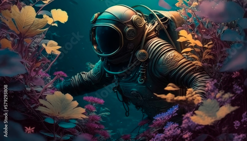 A man in a diving suit, making his way through underwater thickets of flowers on another planet. Generative AI © keks20034