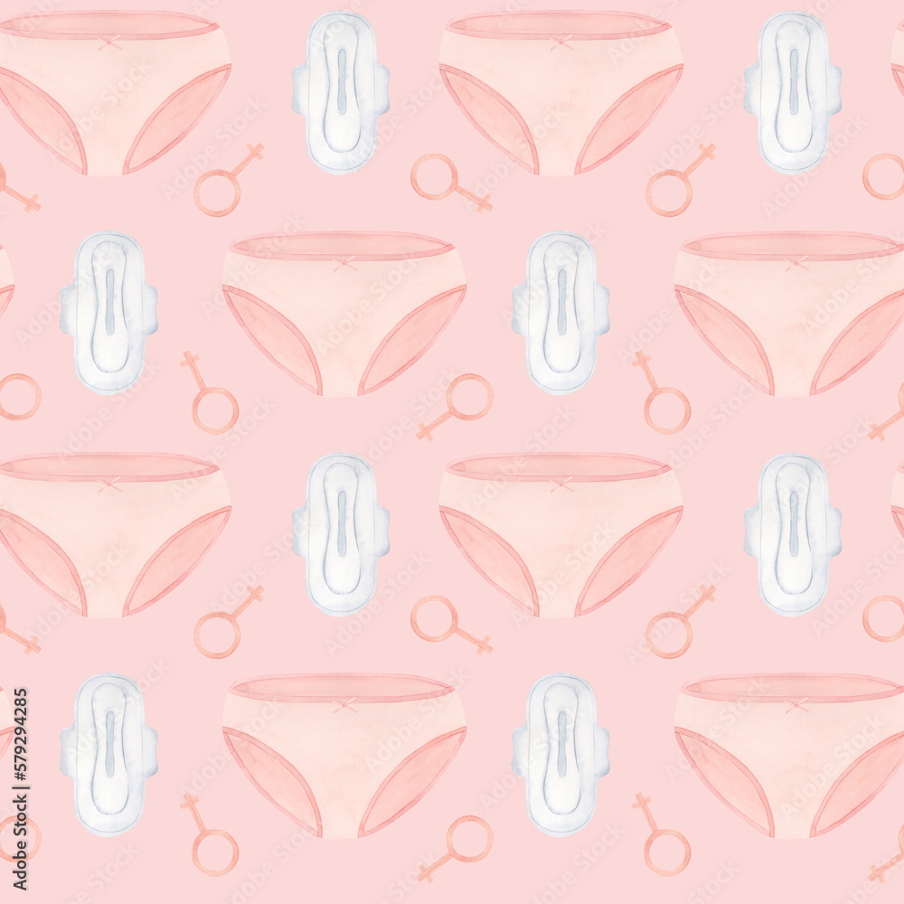 Seamless pattern of white clean sanitary pads, women gender symbol and pink lingerie. Packaging for female intimate hygiene products. Watercolor illustration. Seamless pattern of white clean sanitary pads, women gender symbol and pink lingerie. Packaging for female intimate hygiene products. Watercolor illustration.