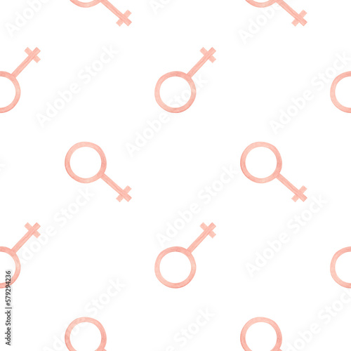 Seamless pattern of pink sign female. Women gender symbol. Packaging for female intimate hygiene products. Watercolor illustration. photo