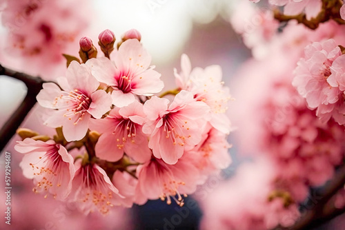 Spring cherry blossom closeup with blurred background. Created with Generative AI technology.